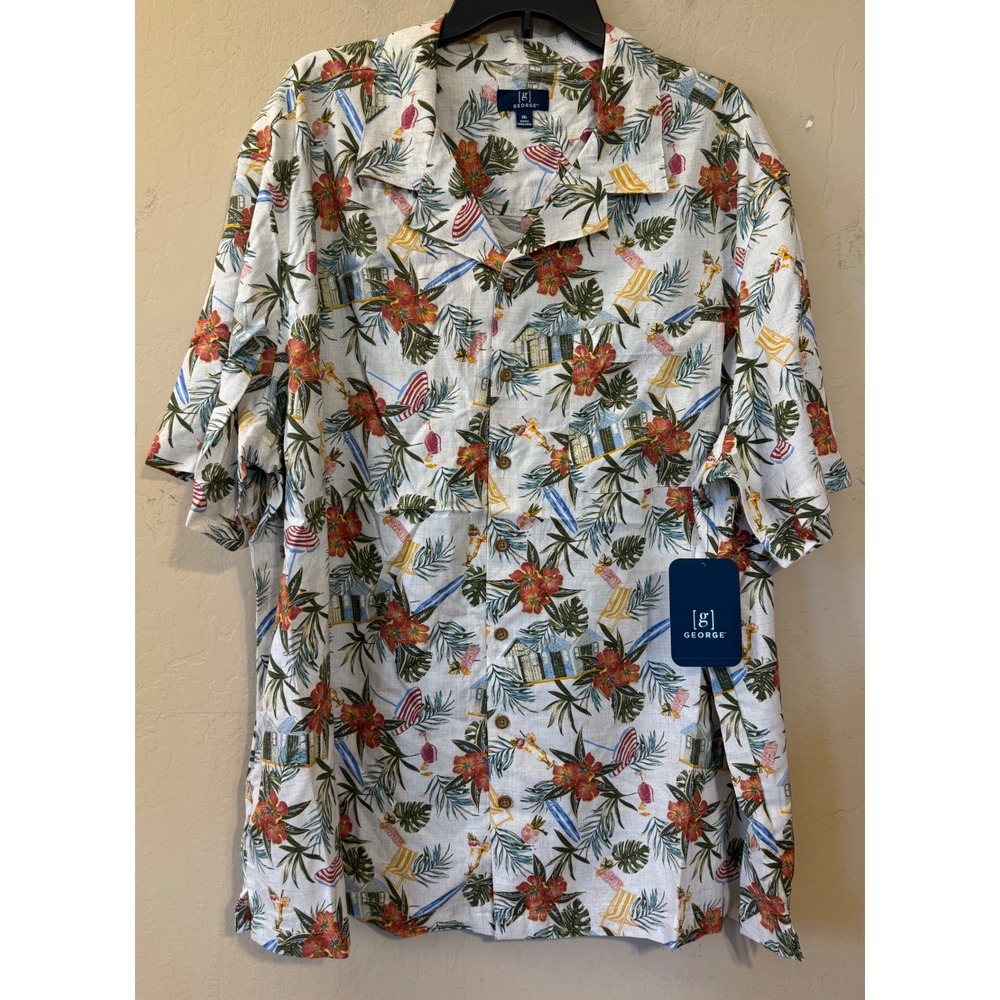 George Shirt Men 2XL Button Up Short Sleeve Hawaiian Tropical Beach Viscose NEW